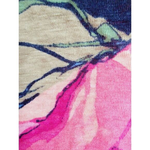 Chico's‎ 1 Linen Blouse Top Size M Pink Blue Floral Hibiscus Short Sleeve Rouche - Picture 4 of 7